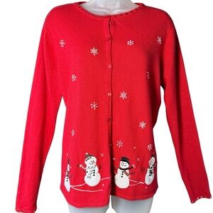 Wish for Joy Red Snowman Cardigan Sweater Large Christmas Embroidered